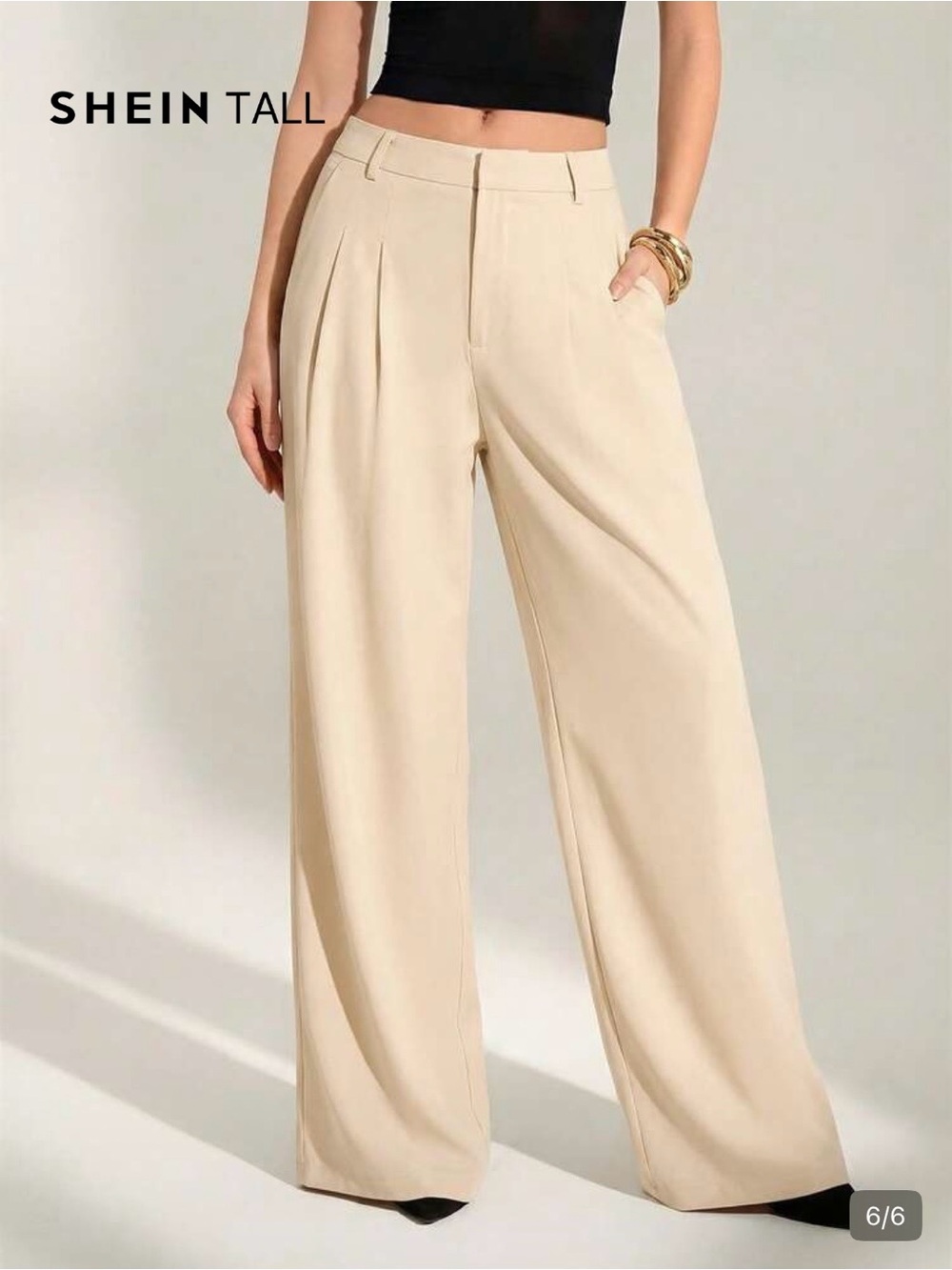 SHEIN Tall Beige Wide-Leg Pleated High-Rise Trousers